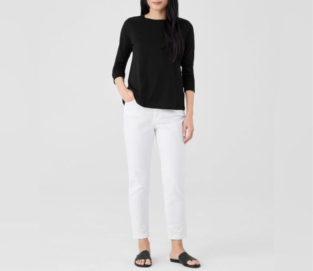 Eileen Fisher Organic Cotton Jersey Long Sleeve Tee Black XS NEW